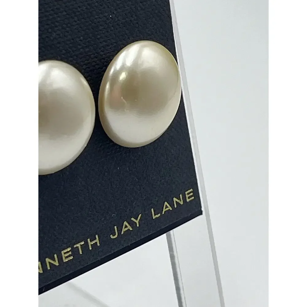 Kenneth Jay Lane KJL‎ Silver Tone Round Faux Pearl Ivory Pierced Stud Earrings - Picture 2 of 13